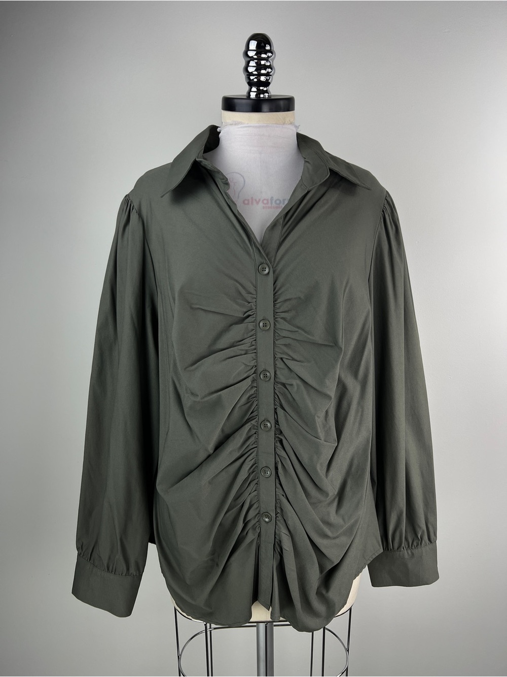 💚 3664. Ruched Button Front Long-Sleeve Shirt - Olive Green